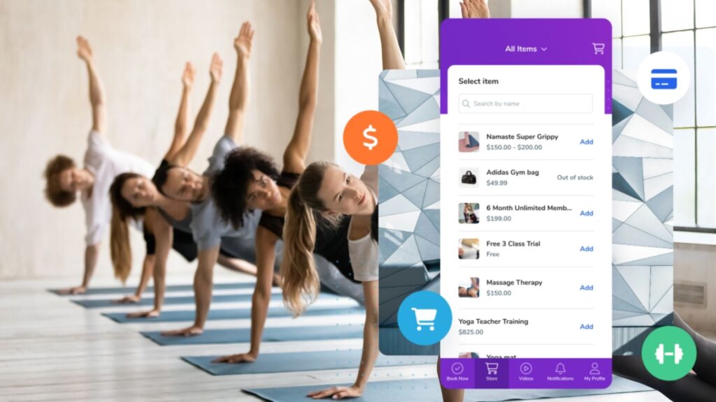 A screenshot of the Achieve Client App, and a full yoga class.