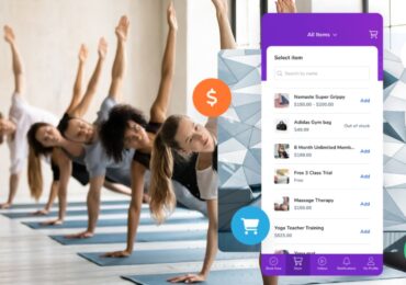 A screenshot of the Achieve Client App, and a full yoga class.