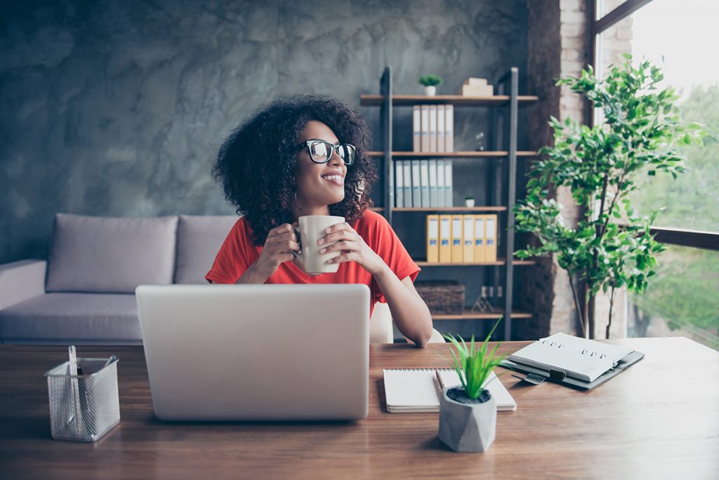 working at home, red shirt woman