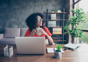 working at home, red shirt woman