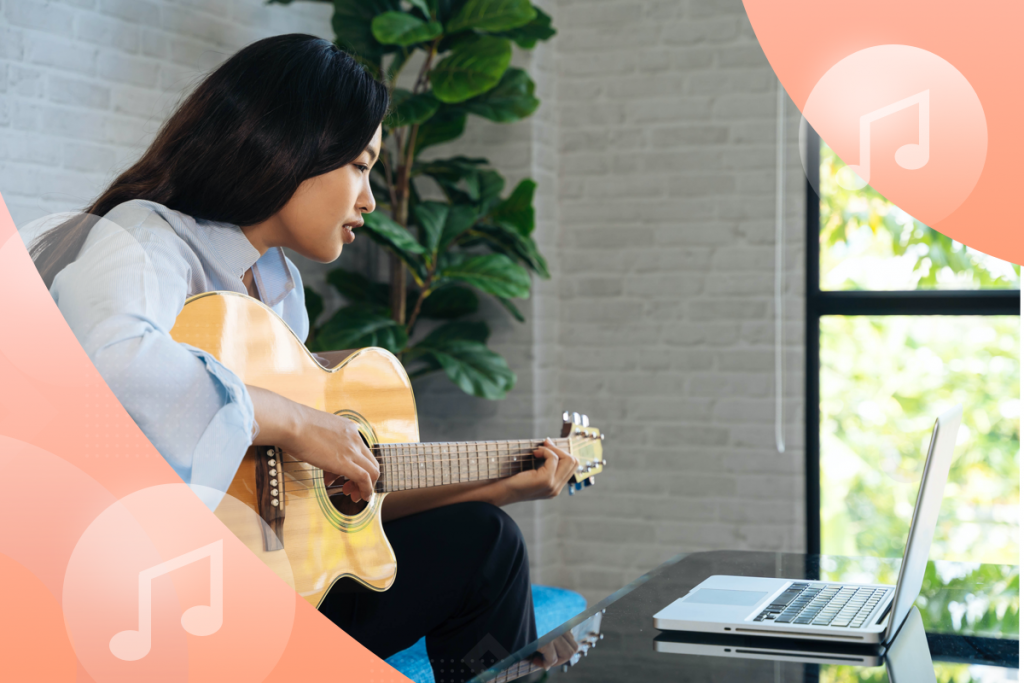 music school, girl with a guitar and a computer