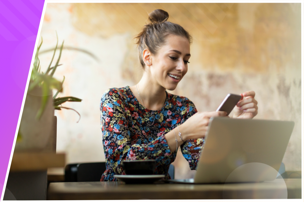 marketing to members, women with phone and a computer