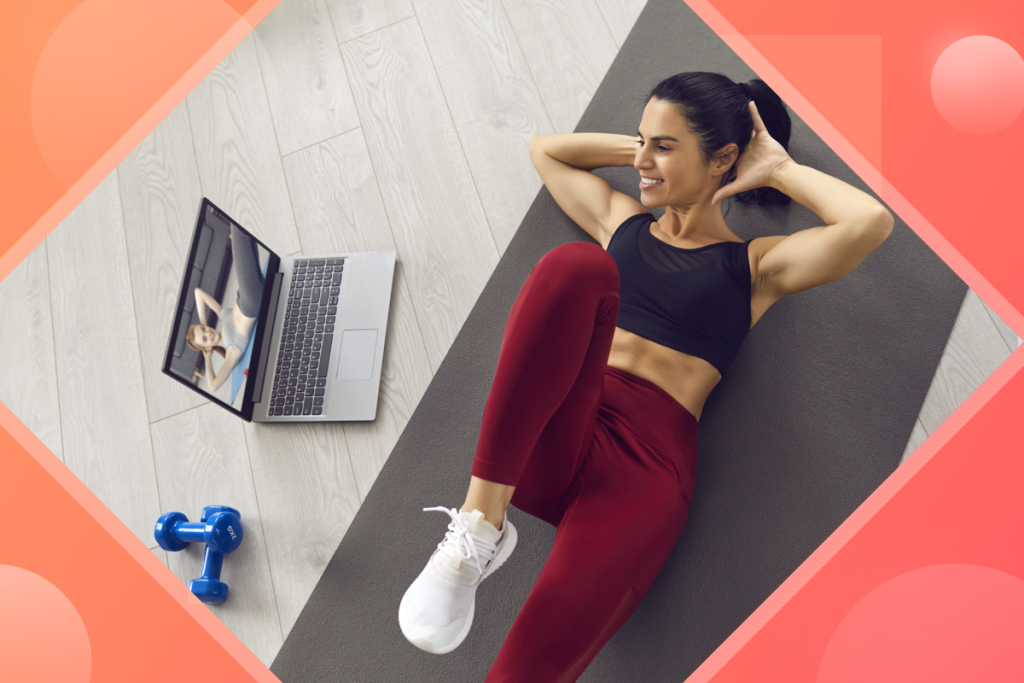 virtual fitness studio, woman working out at her computer