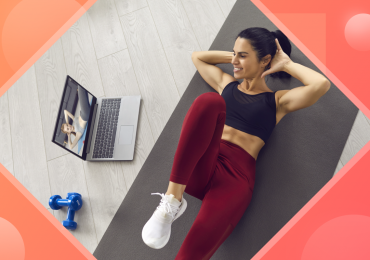 virtual fitness studio, woman working out at her computer
