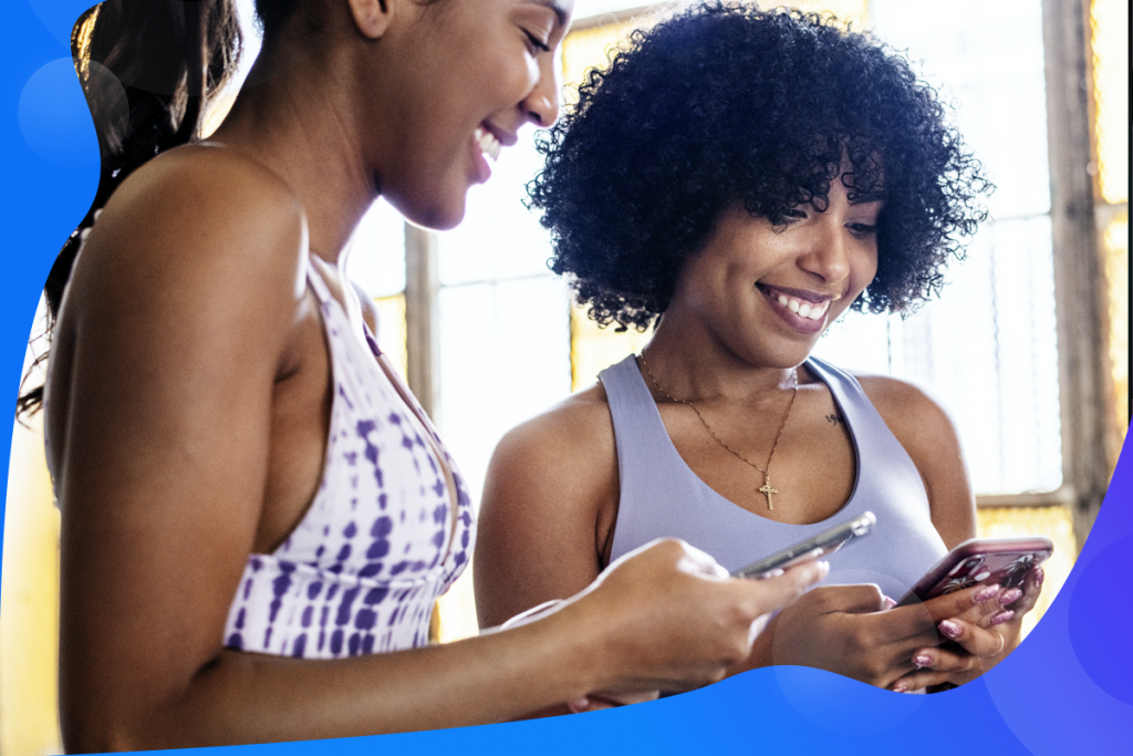 social media post captions, two women and phones