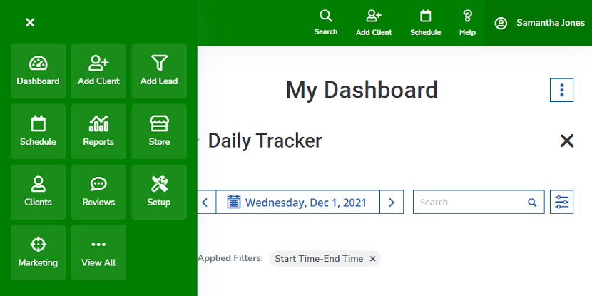 A screenshot of the dashboard displaying the App Drawer and the Top Nav Bar.