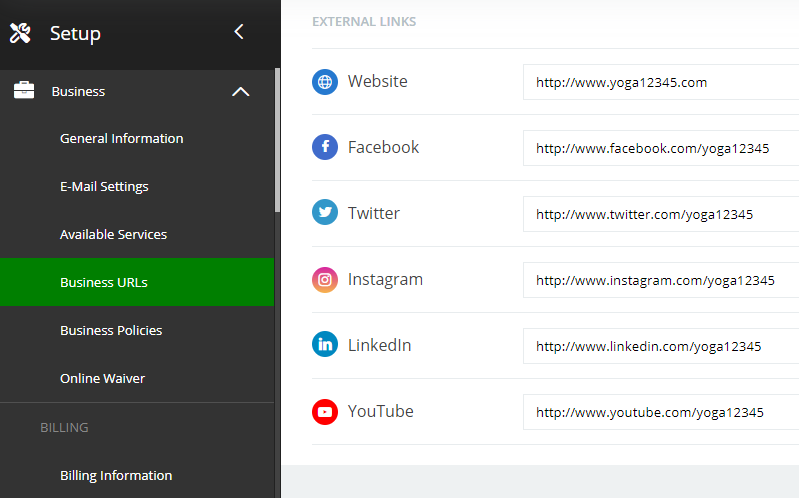 A screenshot of new business URLs for Instagram, LinkedIn, and YouTube.