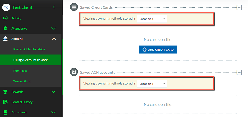 A screenshot of the location selection tool for a client’s saved payment information in their client profile.