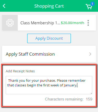 A screenshot of a custom note being added to a receipt during checkout on the Elevate Staff App.