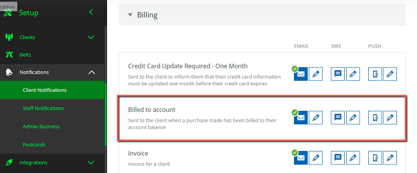 A screenshot of the new client notification for account billing. 