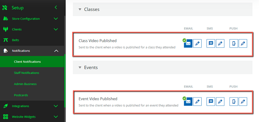 A screenshot of the new notifications that can be sent when publishing a class or event video to FitVID on Demand.