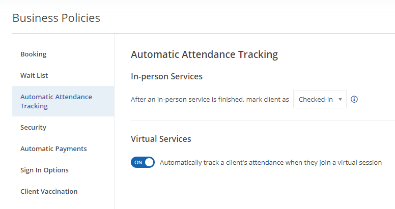 A screenshot of the new toggle used to track client attendance for virtual services on the Automatic Attendance Tracking Settings page. 