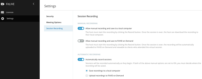 A screenshot of the FitLIVE Settings page with the Session Recording options selected.