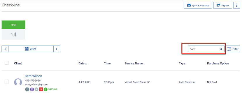 A screenshot of the client search bar in the Check-Ins Report. 