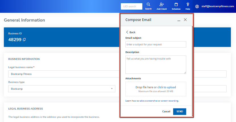 A screenshot of the new email form used to contact customer support in the Help section.