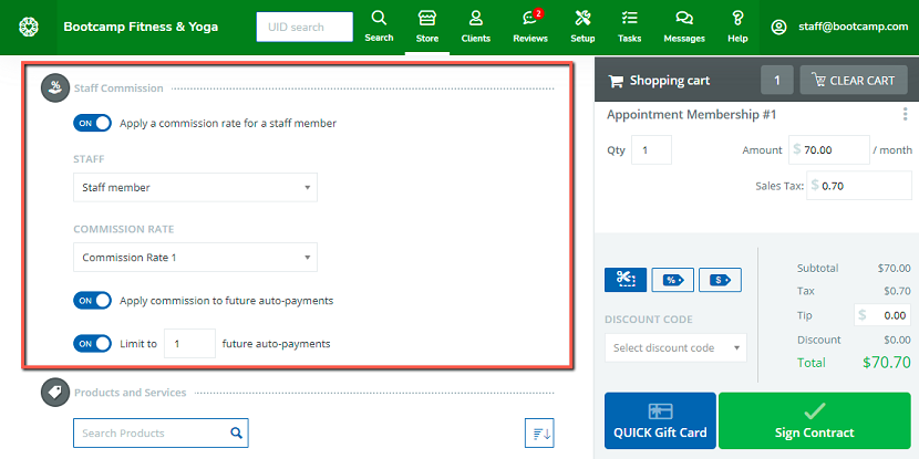 A screenshot showing staff member commission being applied to an auto-renewing purchase option at checkout.