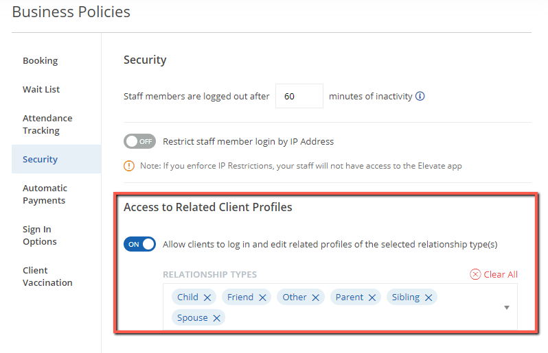 A screenshot of the profile access toggle switch under Business Policies.