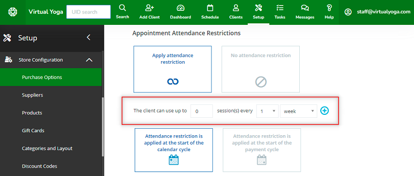 A screenshot of the updated attendance restriction settings for a purchase option.