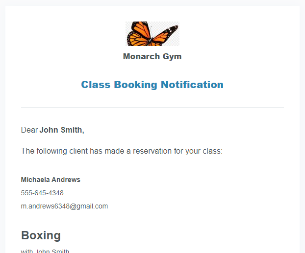 A screenshot of the redesigned look of the class booking email notification for staff members.