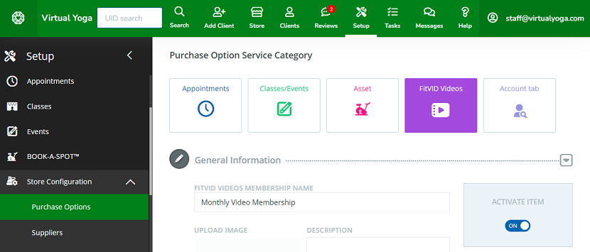 A screenshot showing the creation of a purchase option using the FitVID Videos category.