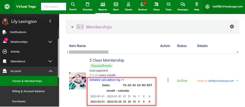 A screenshot showing the detailed visit log for a client’s membership.