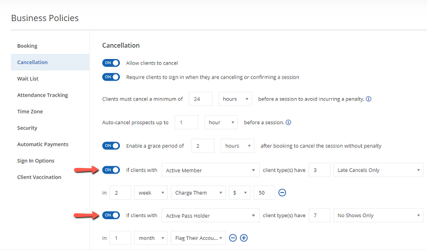 A screenshot of late cancellation and no-show penalties for different client types on the Business Policies page.