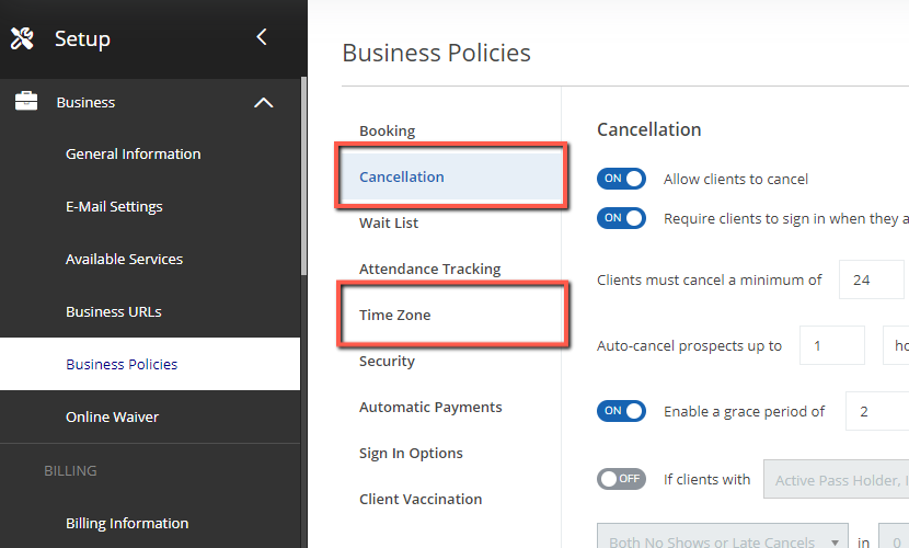 A screenshot of the new business policy tabs on the Business Policies page.