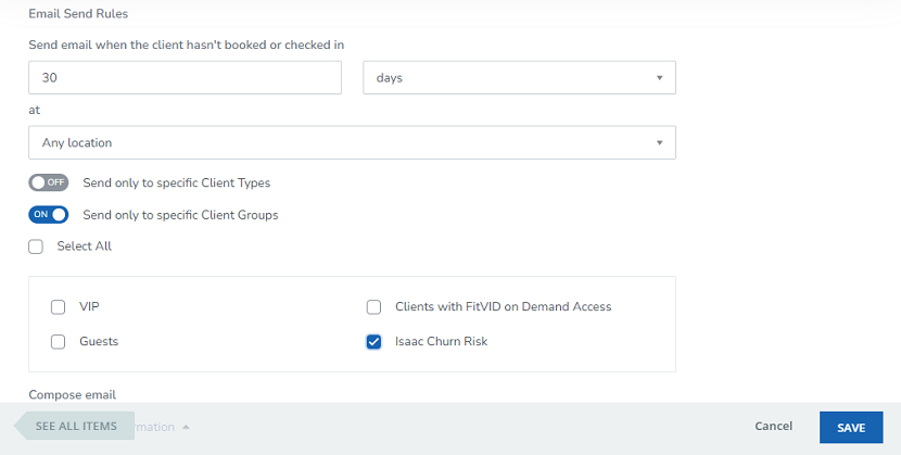 A screenshot of the new Isaac Churn Risk client group selected on the edit template screen for the client retention campaign.