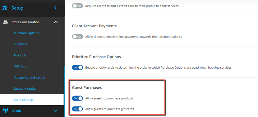 A screenshot of the toggles that enable guest checkout in the online store. 