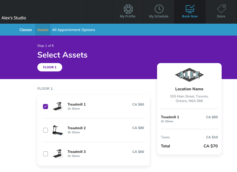 A screenshot of the Select Assets step of the redesigned BOOK-A-SPOT asset booking flow.