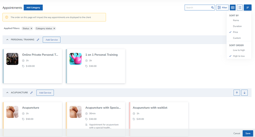 A screenshot of appointments on the Appointments page being sorted from highest to lowest price. 