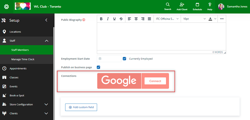 A screenshot of the button in a staff member’s profile for connecting a Google Calendar.