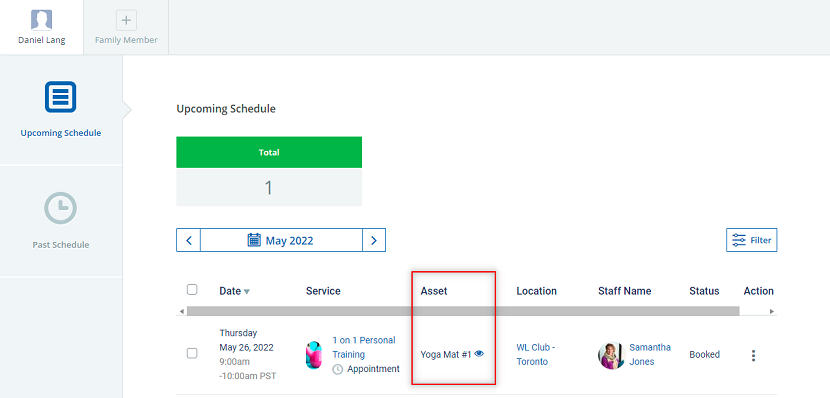 A screenshot showing the asset booked for an upcoming service on the Client Web App.