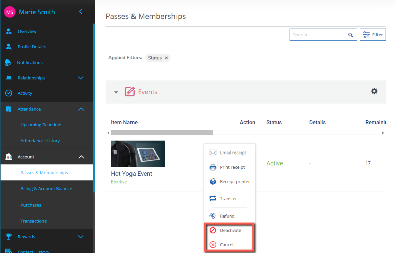 A screenshot of the Action menu showing the new Deactivate and Cancel features for an event purchase.