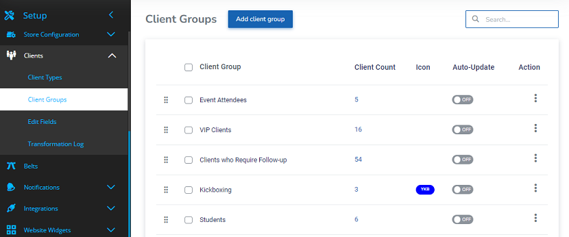A screenshot of the Client Groups page.
