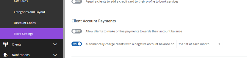 A screenshot of the new setting to charge clients with a negative account balance on the Store settings page.