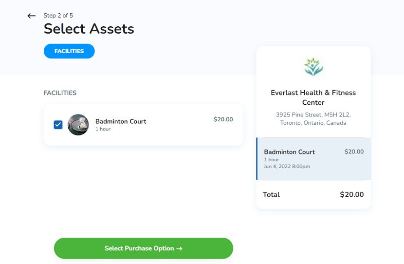 A screenshot of the client booking flow that allows clients to select an asset after selecting a preferred date and time.