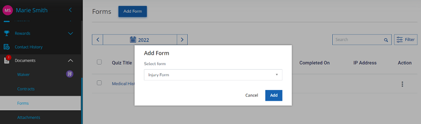 A screenshot of the new Add Form feature on the client profile.