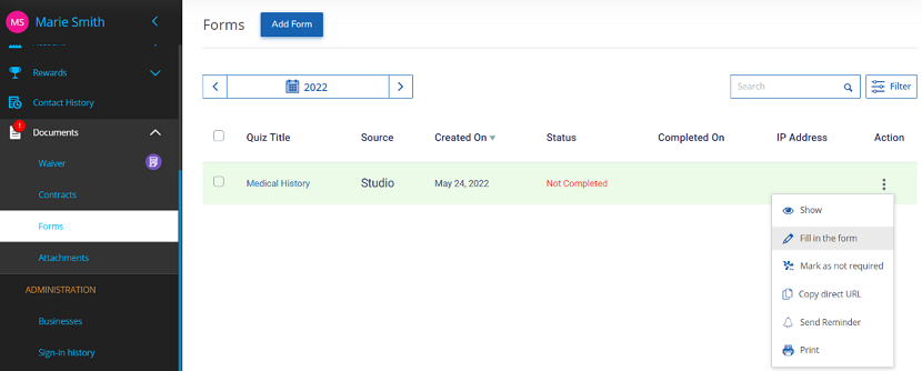 A screenshot of the Action menu with the new Fill in the Form feature on a client’s profile.