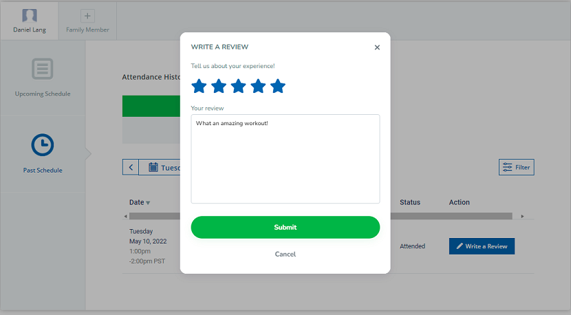 A screenshot of the review popup from a client’s attendance history in the Client Web App.