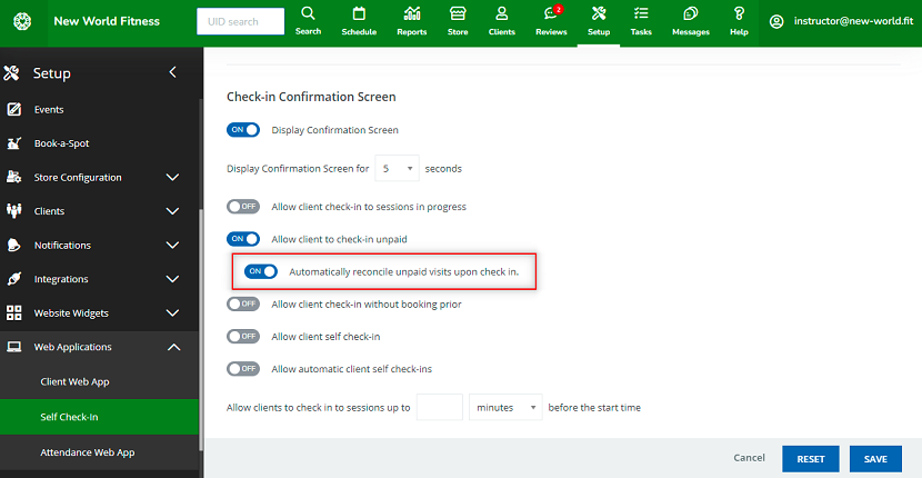 A screenshot of the new setting that allows a client’s unpaid visit to be automatically reconciled when they use the Self Check-In Web App.