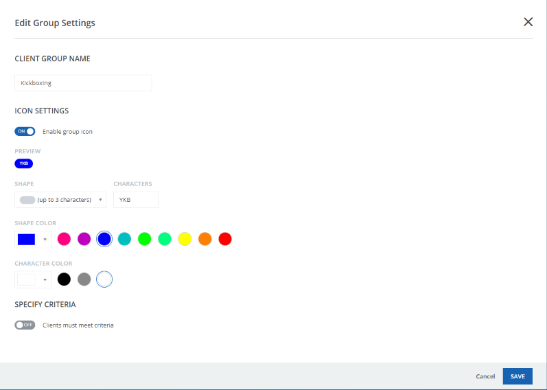 A screenshot of the client group icon settings.