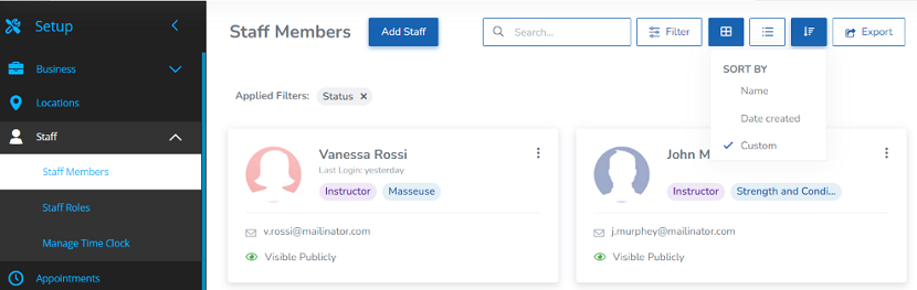 A screenshot of the Sort button on the Staff Members page used to organize the order of staff members on the schedule.