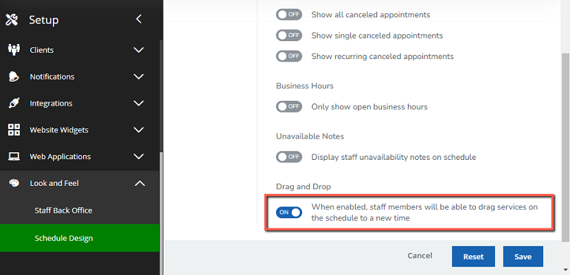 A screenshot of the new drag-and-drop option under your Schedule Look and Feel options.