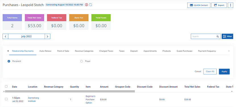 A screenshot showing the updated Purchases page in a client's profile.