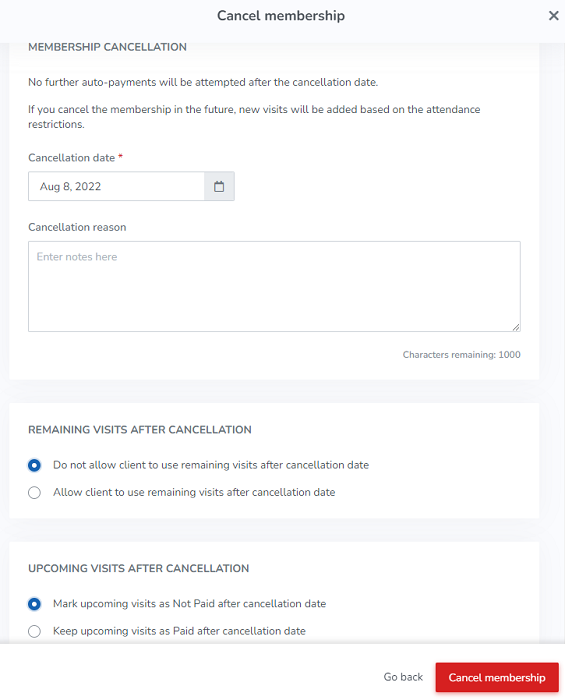 A screenshot showing the new cancellation settings when canceling a client’s membership.