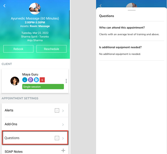 A screenshot of the new Questions setting in the appointment details on the Elevate Staff App.