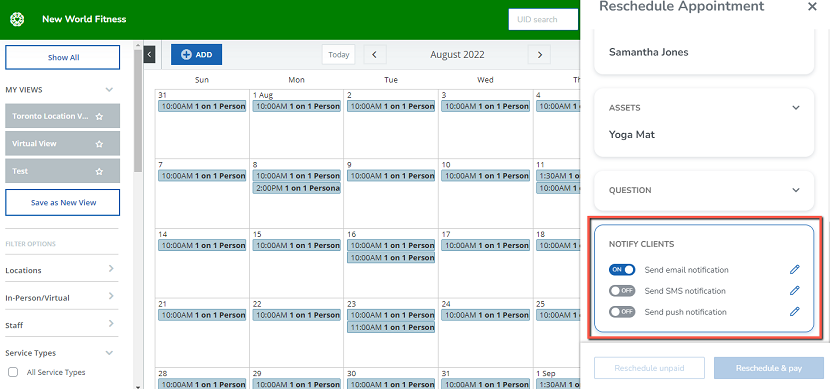 A screenshot showing the client notification controls during appointment rescheduling.