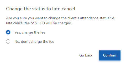 A screenshot showing the option to charge or override a client's late cancel fee.