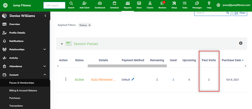 A screenshot of a client's Passes & Memberships page showing the new column for past visits.